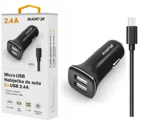 Aligator Nabíječka do auta s microUSB kabelem a 2xUSB výstupem 2.4A černá / Turbo charge