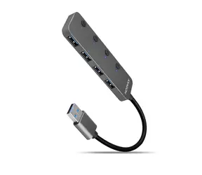 AXAGON HUE-MSA, 4x USB 3.2 Gen 1 SWITCH hub, kovový, micro USB nap. konektor, kabel USB-A 20cm