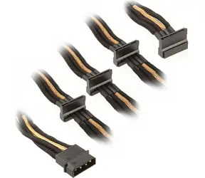 SilverStone kabel 4-pin Molex > 4x SATA rozšíření 30cm černo-zlatá / individuálně pletená vlákna