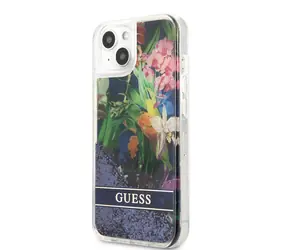 GUESS Liquid Glitter Flower Zadní Kryt pro Apple iPhone 13 mini modrá