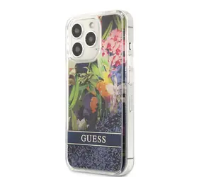 GUESS Liquid Glitter Flower Zadní Kryt pro Apple iPhone 13 Pro modrá