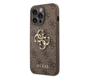 GUESS PU 4G Metal Logo Zadní Kryt pro Apple iPhone 14 Pro Max hnědá