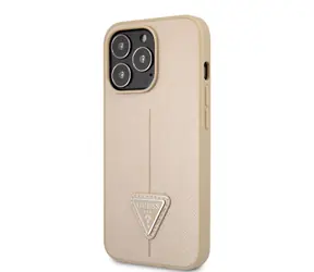 GUESS PU Saffiano Triangle Zadní Kryt pro Apple iPhone 13 Pro béžová