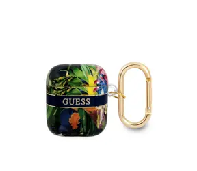 GUESS TPU Flower Print Pouzdro pro Apple Airpods 1 & 2 modrá