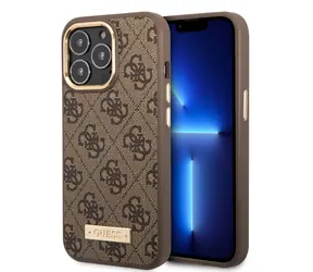 GUESS PU 4G MagSafe Kompatibilní Zadní Kryt pro Apple iPhone 14 Pro hnědá