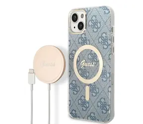 GUESS 4G MagSafe Kompatibilní Zadní Kryt + Bezdrátová Nabíječka pro Apple iPhone 14 Plus modrá