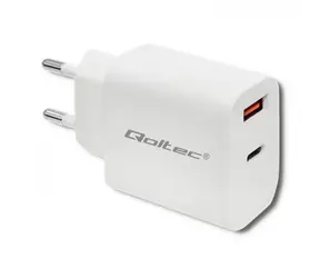 Qoltec 51714 USB + USB - C síťový adaptér 18 W bílá / 5-12V / 1.5 - 3A / USB-C 3.0 / USB 3.0