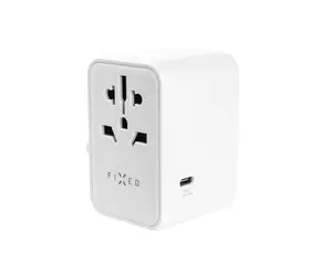 FIXED Voyager 65W Cestovní adaptér pro EU & UK a USA/AUS s 3xUSB-C a 2xUSB výstupem PD bílá / GaN
