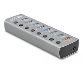 Delock Rozbočovač USB 5 Gbps šedá / 7 porty / rychlonabíjecí port / port USB-C PD 3.0 s přepínačem a osvětlením 