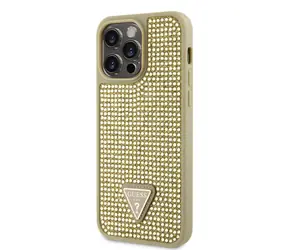 GUESS Rhinestones Triangle Metal Logo Kryt pro Apple iPhone 14 Pro Max zlatá