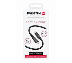 SWISSTEN SOFT SILICONE datový kabel USB-C - Lightning 1.5m černá / 60W / 3A / 1x USB-C(M) / 1x Lightning(M)