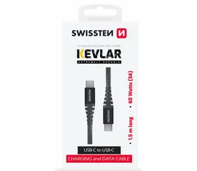 SWISSTEN KEVLAR datový kabel USB-C 1.5m šedá / 60W / 3A / 1x USB-C(M) / 1x USB-C(M)