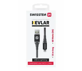 SWISSTEN KEVLAR datový kabel USB-A - Lightning 1.5m šedá / 60W / 3A / 1x USB-A(M) / 1x Lightning(M)