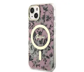 GUESS PC/TPU Flowers IML MagSafe Kompatibilní Zadní Kryt pro Apple iPhone 14 růžová