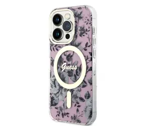 GUESS PC/TPU Flowers IML MagSafe Kompatibilní Zadní Kryt pro Apple iPhone 14 Pro růžová