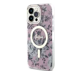 GUESS PC/TPU Flowers IML MagSafe Kompatibilní Zadní Kryt pro Apple iPhone 14 Pro Max růžová