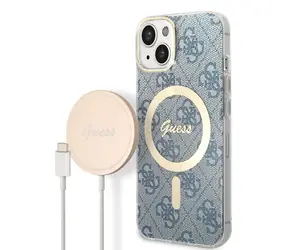 GUESS 4G MagSafe Kompatibilní Zadní Kryt + Bezdrátová Nabíječka pro Apple iPhone 14 modrá