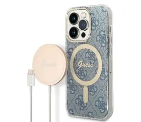 GUESS 4G MagSafe Kompatibilní Zadní Kryt + Bezdrátová Nabíječka pro Apple iPhone 14 Pro modrá