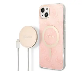 GUESS 4G MagSafe Kompatibilní Zadní Kryt + Bezdrátová Nabíječka pro Apple iPhone 14 Plus růžová