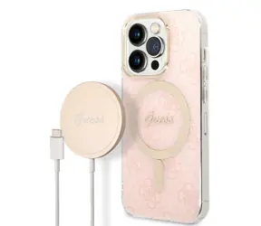 GUESS 4G MagSafe Kompatibilní Zadní Kryt + Bezdrátová Nabíječka pro Apple iPhone 14 Pro růžová