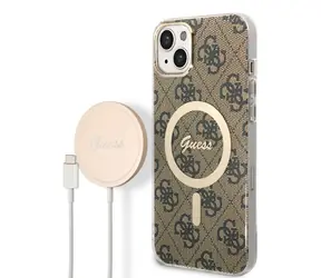 GUESS 4G MagSafe Kompatibilní Zadní Kryt + Bezdrátová Nabíječka pro Apple iPhone 14 Plus hnědá