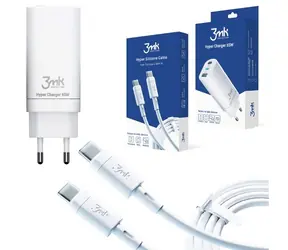 3mk SET Hyper Charger 65 W bílá / cestovní nabíječka / GaN 2x USB-C + 3A datový kabel