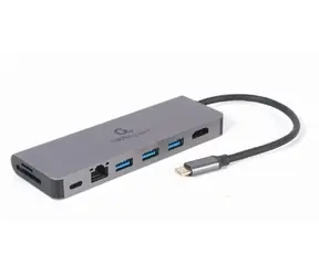 Gembird A-CM-COMBO5-05 šedá / USB-C rozbočovač / 3x USB 3.0 / 1x HDMI (4K) / 1x USB-C / microSD / SD / RJ45