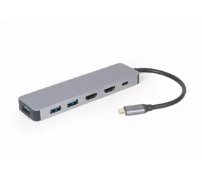 Gembird A-CM-COMBO3-03 šedá / USB-C rozbočovač / 3x USB 3.0 / 2x HDMI (4K) / 1x USB-C