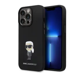 Karl Lagerfeld Liquid Silicone Metal Ikonik Zadní Kryt pro Apple iPhone 15 Pro černá