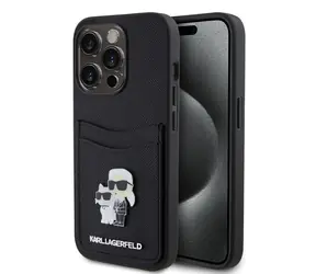 Karl Lagerfeld PU Saffiano Card Slot Metal Karl and Choupette Zadní Kryt pro Apple iPhone 15 Pro černá