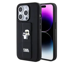Karl Lagerfeld Saffiano Grip Stand Metal Logo Zadní Kryt pro Apple iPhone 15 Pro černá