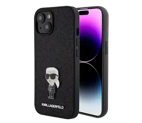 Karl Lagerfeld Fixed Glitter Metal Ikonik Zadní Kryt pro Apple iPhone 15 černá