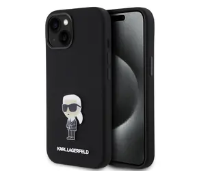 Karl Lagerfeld Liquid Silicone Metal Ikonik Zadní Kryt pro Apple iPhone 15 černá