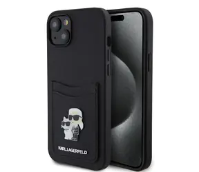 Karl Lagerfeld PU Saffiano Card Slot Metal Karl and Choupette Zadní Kryt pro Apple iPhone 15 černá