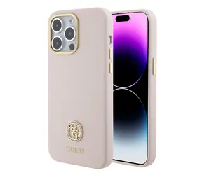 GUESS Liquid Silicone 4G Strass Metal Logo Zadní Kryt pro Apple iPhone 15 Pro Max růžová