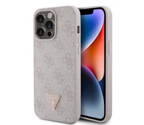 GUESS PU 4G Strass Triangle Metal Logo Zadní Kryt pro Apple iPhone 15 Pro Max růžová