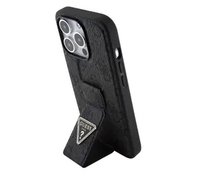 GUESS PU Grip Stand 4G Strass Triangle Metal Logo Zadní Kryt pro Apple iPhone 15 Pro Max černá