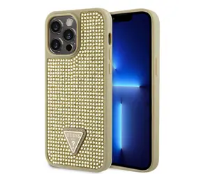 GUESS Rhinestones Triangle Metal Logo Kryt pro Apple iPhone 15 Pro Max zlatá