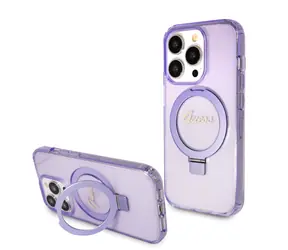 GUESS IML Ring Stand Glitter MagSafe Zadní Kryt pro Apple iPhone 15 Pro fialová