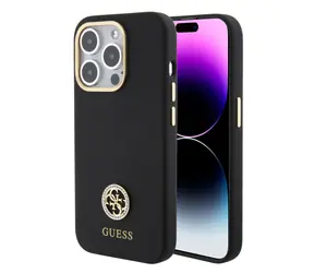 GUESS Liquid Silicone 4G Strass Metal Logo Zadní Kryt pro Apple iPhone 15 Pro černá