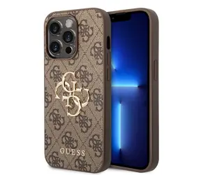 GUESS PU 4G Metal Logo Zadní Kryt pro Apple iPhone 15 Pro hnědá