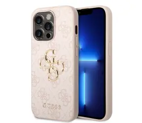 GUESS PU 4G Metal Logo Zadní Kryt pro Apple iPhone 15 Pro růžová