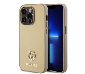 GUESS PU 4G Strass Metal Logo Zadní Kryt pro Apple iPhone 15 Pro zlatá