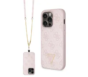 GUESS PU 4G Strass Triangle Metal Logo Zadní Kryt + Crossbody Popruh pro Apple iPhone 15 Pro růžová