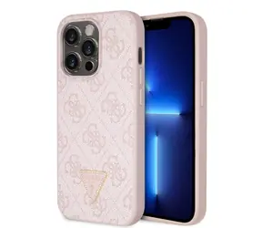 GUESS PU 4G Strass Triangle Metal Logo Zadní Kryt pro Apple iPhone 15 Pro růžová