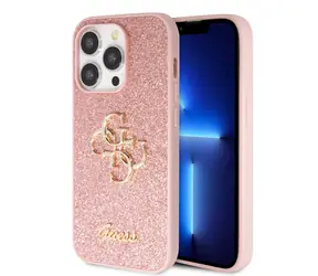 GUESS PU Fixed Glitter 4G Metal Logo Zadní Kryt pro Apple iPhone 15 Pro růžová
