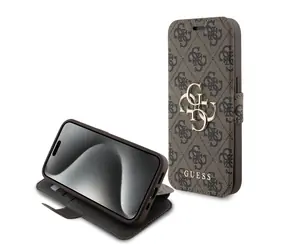 GUESS PU Leather 4G Metal Logo Book Pouzdro pro Apple iPhone 15 Pro hnědá