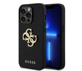 GUESS PU Perforated 4G Glitter Metal Logo Zadní Kryt pro Apple iPhone 15 Pro černá