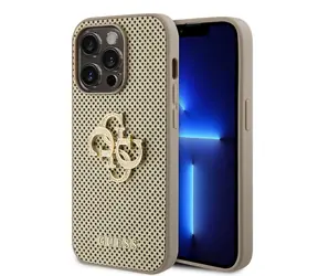 GUESS PU Perforated 4G Glitter Metal Logo Zadní Kryt pro Apple iPhone 15 Pro zlatá