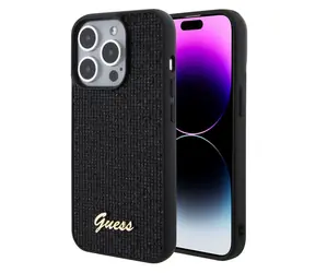 GUESS PU Square Mirror Script Logo Zadní Kryt pro Apple iPhone 15 Pro černá